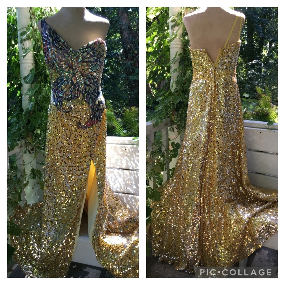 Tony Bowls Sequin Gold Yellow Rainbow Butterfly Gown